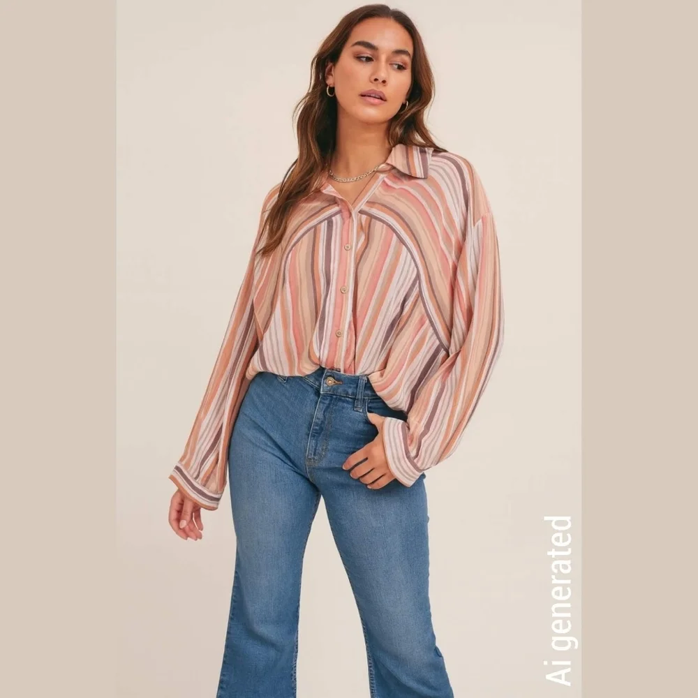✨️4/$20. COMO BLU Retro Striped Long Sleeve, Linen Look. Multi-Color, 70's - Picture 1 of 13